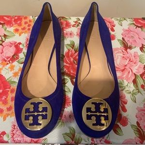 Tory Burch Blue Suede Flats with Gold Logo